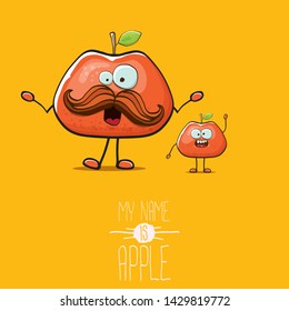 vector funny cartoon cute red apple character isolated on orange background. My name is apple vector concept. super funky fruit summer food character