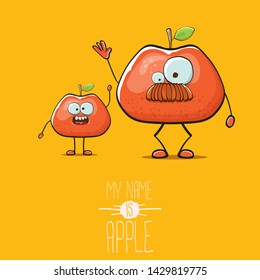 vector funny cartoon cute red apple character isolated on orange background. My name is apple vector concept. super funky fruit summer food character