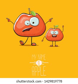 vector funny cartoon cute red apple character isolated on orange background. My name is apple vector concept. super funky fruit summer food character