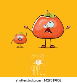 vector funny cartoon cute red apple character isolated on orange background. My name is apple vector concept. super funky fruit summer food character