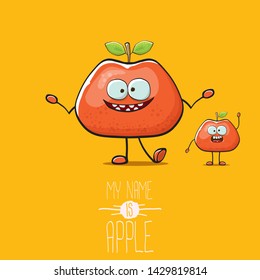 vector funny cartoon cute red apple character isolated on orange background. My name is apple vector concept. super funky fruit summer food character