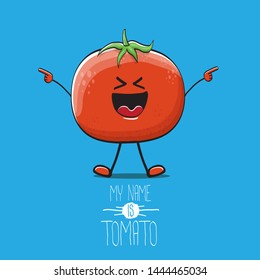 vector funny cartoon cute red smiling tomato character isolated on blue background. My name is tomato. summer vegetable funky character