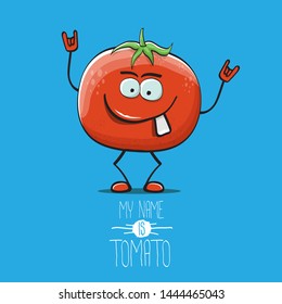 vector funny cartoon cute red smiling tomato character isolated on blue background. My name is tomato. summer vegetable funky character