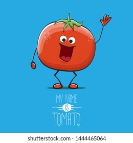 vector funny cartoon cute red smiling tomato character isolated on blue background. My name is tomato. summer vegetable funky character