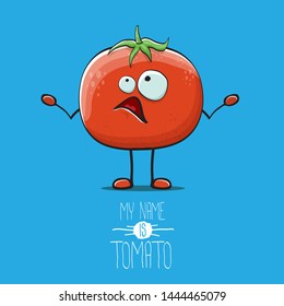 vector funny cartoon cute red smiling tomato character isolated on blue background. My name is tomato. summer vegetable funky character