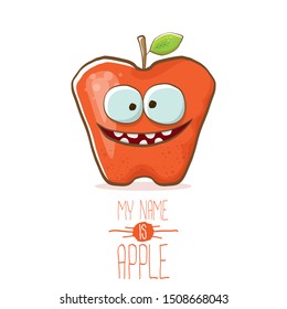 vector funny cartoon cute red apple character isolated on transparent background. My name is apple vector concept. Kawaii funky fruit food character