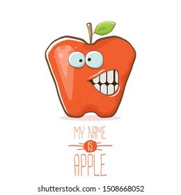 vector funny cartoon cute red apple character isolated on transparent background. My name is apple vector concept. Kawaii funky fruit food character