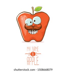vector funny cartoon cute red apple character isolated on transparent background. My name is apple vector concept. Kawaii funky fruit food character