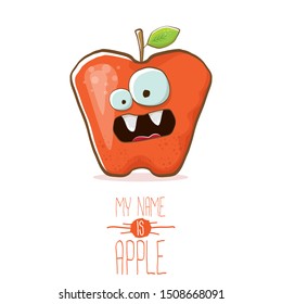 vector funny cartoon cute red apple character isolated on transparent background. My name is apple vector concept. Kawaii funky fruit food character