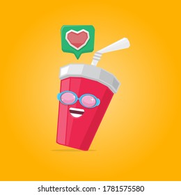 vector funny cartoon funny cartoon cute red party paper cola cup with straw and sunglasses isolated on orange background. funky smiling summer drink character 