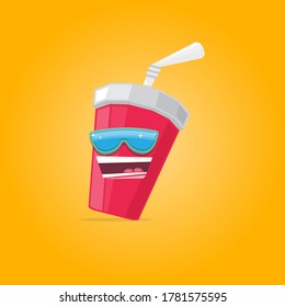 vector funny cartoon funny cartoon cute red party paper cola cup with straw and sunglasses isolated on orange background. funky smiling summer drink character 