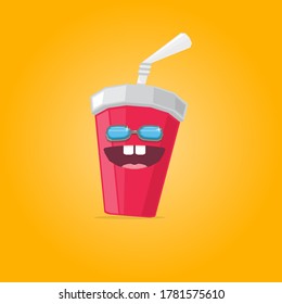 vector funny cartoon funny cartoon cute red party paper cola cup with straw and sunglasses isolated on orange background. funky smiling summer drink character 