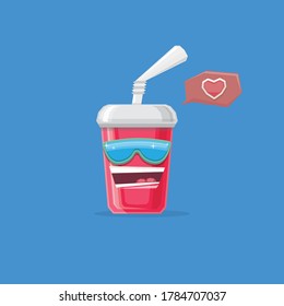 vector funny cartoon funny cartoon cute red party paper cola cup with straw and sunglasses isolated on blue background. funky smiling summer drink character 