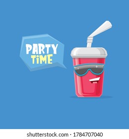 vector funny cartoon funny cartoon cute red party paper cola cup with straw and sunglasses isolated on blue background. funky smiling summer drink character 