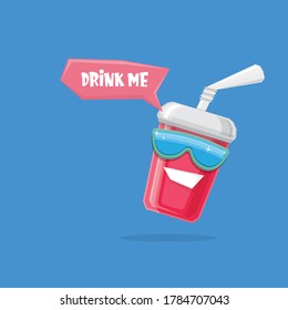 vector funny cartoon funny cartoon cute red party paper cola cup with straw and sunglasses isolated on blue background. funky smiling summer drink character 