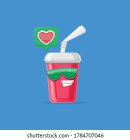 vector funny cartoon funny cartoon cute red party paper cola cup with straw and sunglasses isolated on blue background. funky smiling summer drink character 