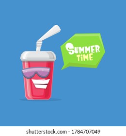 vector funny cartoon funny cartoon cute red party paper cola cup with straw and sunglasses isolated on blue background. funky smiling summer drink character 