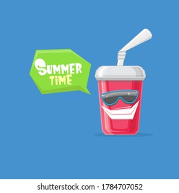 vector funny cartoon funny cartoon cute red party paper cola cup with straw and sunglasses isolated on blue background. funky smiling summer drink character 