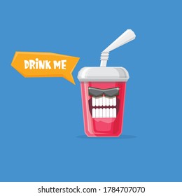 vector funny cartoon funny cartoon cute red party paper cola cup with straw and sunglasses isolated on blue background. funky smiling summer drink character 