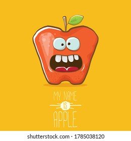 caricatura vectorial graciosa lindo personaje de manzana roja aislado en el fondo naranja del verano. Mi nombre es concepto de vector de manzana. personaje de comida súper fundido de verano