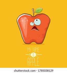 caricatura vectorial graciosa lindo personaje de manzana roja aislado en el fondo naranja del verano. Mi nombre es concepto de vector de manzana. personaje de comida súper fundido de verano