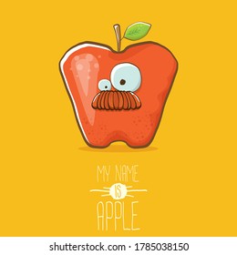 vector funny cartoon cute red apple character isolated on summer orange background. My name is apple vector concept. super funky fruit summer food character
