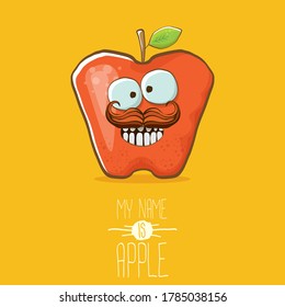 vector funny cartoon cute red apple character isolated on summer orange background. My name is apple vector concept. super funky fruit summer food character