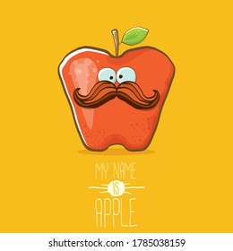 vector funny cartoon cute red apple character isolated on summer orange background. My name is apple vector concept. super funky fruit summer food character