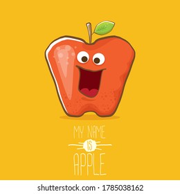 caricatura vectorial graciosa lindo personaje de manzana roja aislado en el fondo naranja del verano. Mi nombre es concepto de vector de manzana. personaje de comida súper fundido de verano