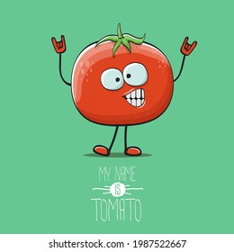 vector funny cartoon cute red smiling tomato character isolated on pastel green background. My name is tomato. summer vegetable funky smiling character