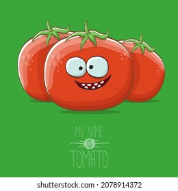 vector funny cartoon cute red smiling tomato character isolated on a green background. My name is tomato. summer vegetable funky character