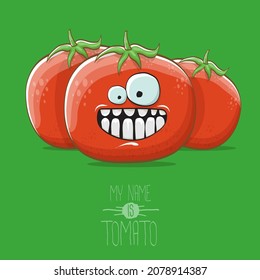 vector funny cartoon cute red smiling tomato character isolated on a green background. My name is tomato. summer vegetable funky character