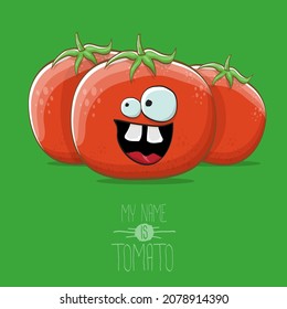 vector funny cartoon cute red smiling tomato character isolated on a green background. My name is tomato. summer vegetable funky character