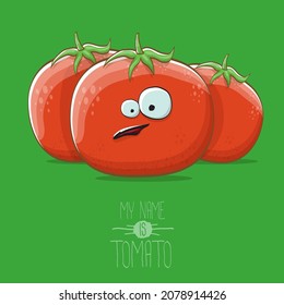 caricatura vectorial graciosa personaje de tomate rojo lindo sonriente aislado en un fondo verde. Me llamo tomate. carácter fundido vegetal de verano