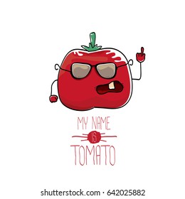 vector funny cartoon cute red tomato isolated on white background. My name is tomato