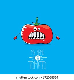 vector funny cartoon cute red tomato isolated on blue background. My name is tomato.