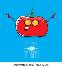 vector funny cartoon cute red tomato isolated on blue background. My name is tomato.