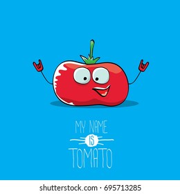 vector funny cartoon cute red smiling tomato character isolated on blue background. My name is tomato. vegetable funky character