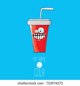 vector funny cartoon cute red party paper cola cup with straw isolated on blue background. My name is cola vector concept. funky hipster coke character icon
