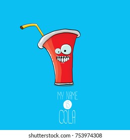 vector funny cartoon cute red party paper cola cup with straw isolated on blue background. My name is cola vector concept. funky hipster coke character icon