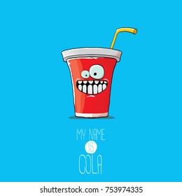 vector funny cartoon cute red party paper cola cup with straw isolated on blue background. My name is cola vector concept. funky hipster coke character icon