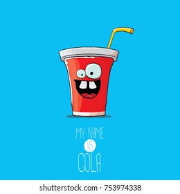 vector funny cartoon cute red party paper cola cup with straw isolated on blue background. My name is cola vector concept. funky hipster coke character icon