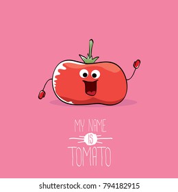 vector funny cartoon cute red smiling tomato character isolated on pink background. My name is tomato. vegetable funky character