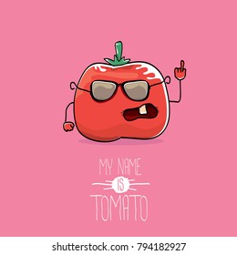 vector funny cartoon cute red smiling tomato character isolated on pink background. My name is tomato. vegetable funky character