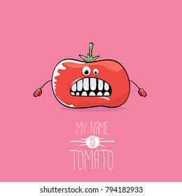 vector funny cartoon cute red smiling tomato character isolated on pink background. My name is tomato. vegetable funky character