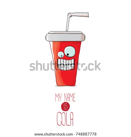 vector funny cartoon cute red party paper cola cup with straw isolated on white background. My name is cola vector concept. funky hipster coke character icon
