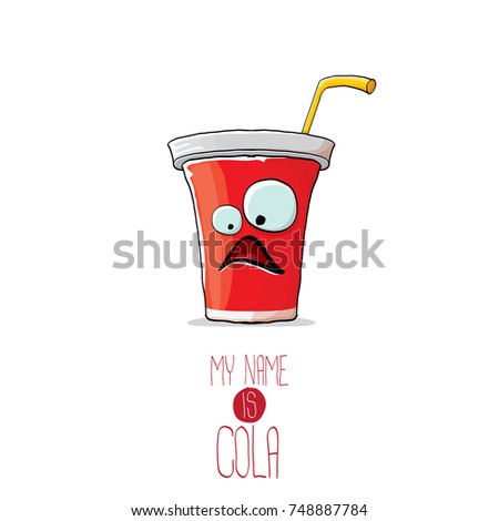 vector funny cartoon cute red party paper cola cup with orange straw isolated on white background. My name is cola vector concept. funky hipster coke character icon