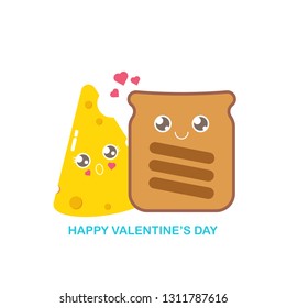 vector funny cartoon cute sliced bread character with cheese character isolated on white background. Conceptual valentines day comic funky kids poster or banner with funky food 