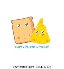 vector funny cartoon cute sliced bread character with cheese character isolated on white background. Conceptual valentines day comic funky kids poster or banner with funky food 