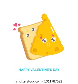vector funny cartoon cute sliced bread character with cheese character isolated on white background. Conceptual valentines day comic funky kids poster or banner with funky food 